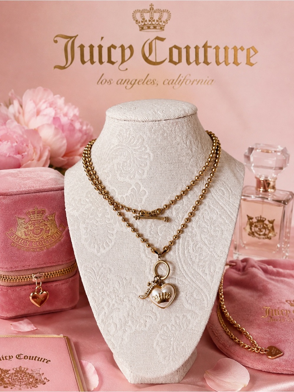 Juicy Couture Gold Crown Pearl Heart Necklace